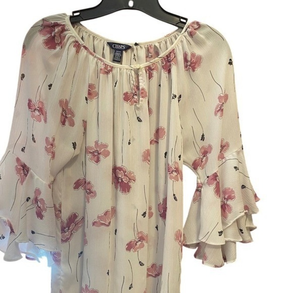 Chaps Floral Ruffle Sleeve Blouse Top Pink White Small S